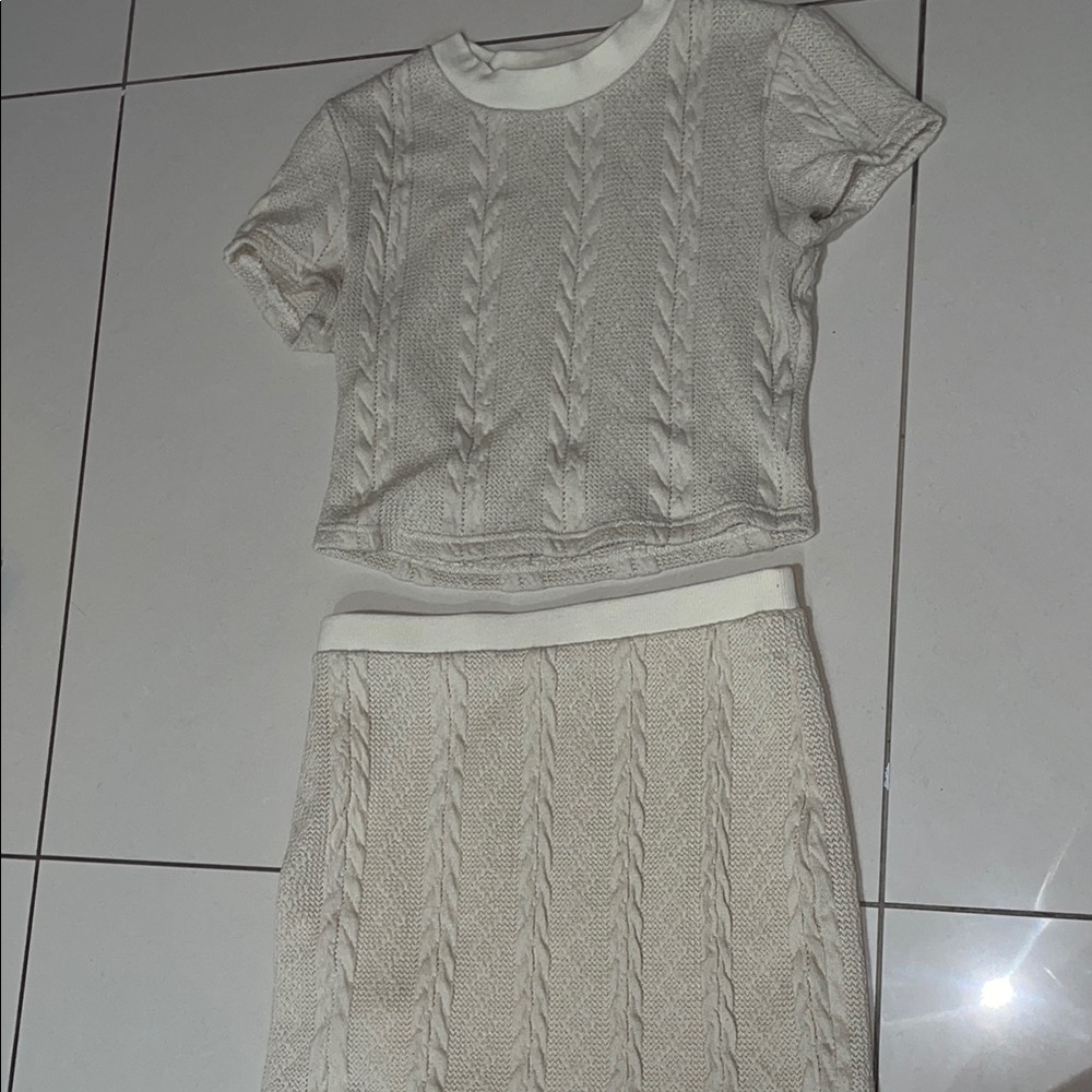 Cream Cable Knit Top and Skirt Set